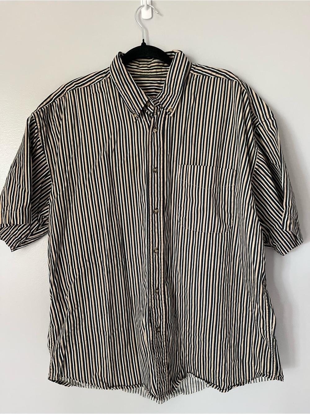 Men’s XL Vintage Striped Short Sleeve Button Down Shirt Black Tan